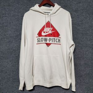Nike Club Fleece Slow Pitch Sweatshirt Hoodie Mens XL White Center Swoosh Plate